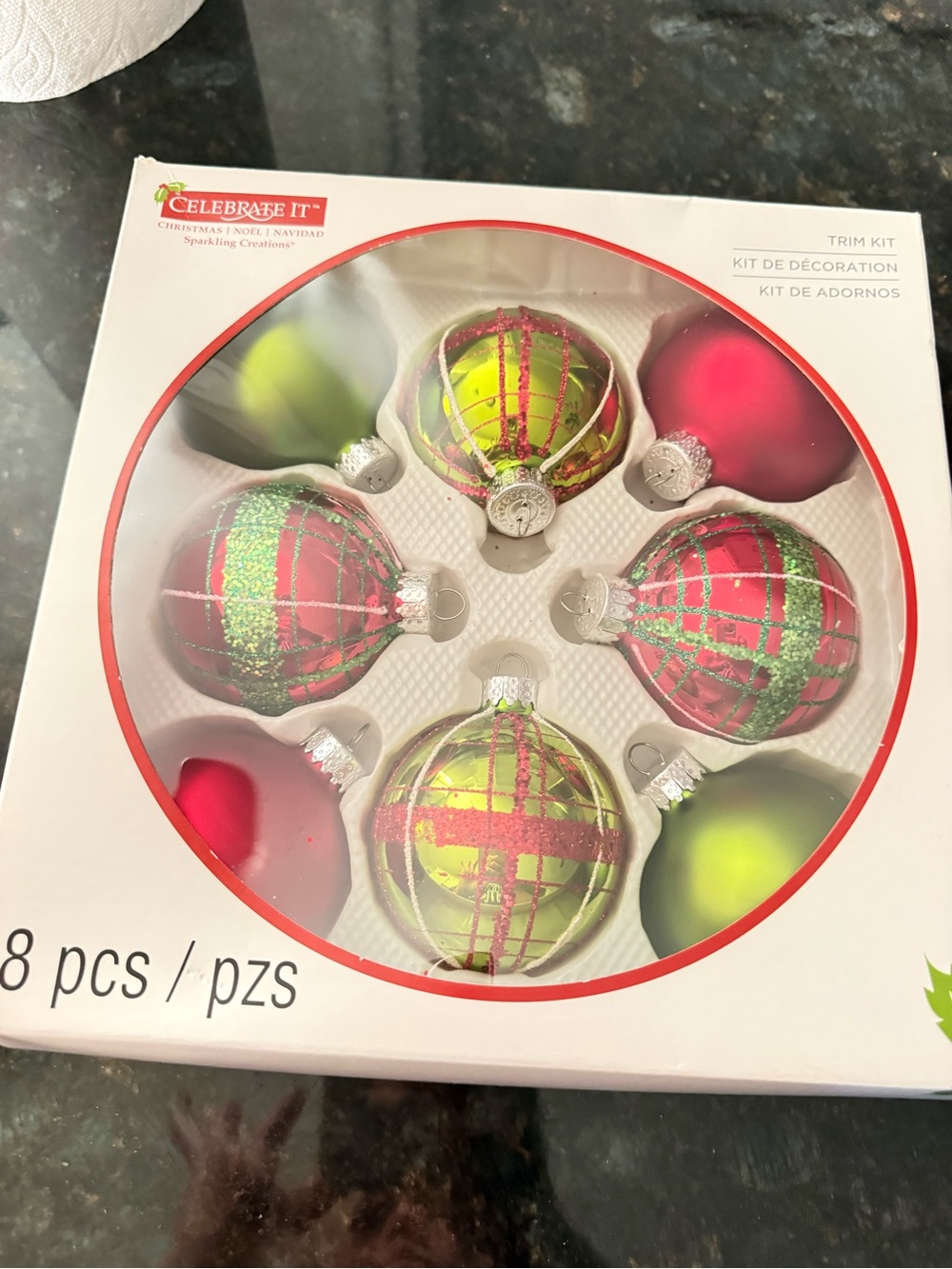 Vintage Celebrate It Red and Lime Green Plaid Glass Christmas Ornaments - 8 Pc